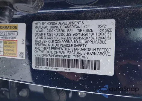 2021 Honda Passport Awd Elite z USA, uszkodzony, nr VIN 5FNYF8H08MB026437